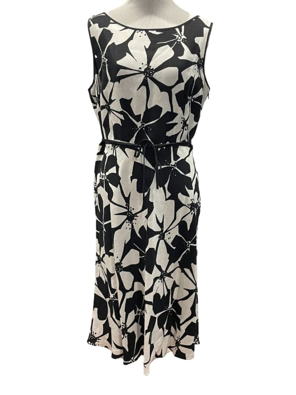Papell Floral Linen Blend Midi Dress 14P Black White Fairy Grunge Coastal Casual